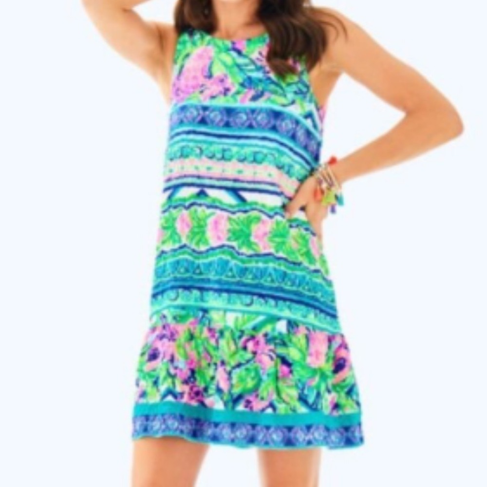Lilly Pulitzer Pink Green Blue Floral Tassel Back Ruffle Hem Shift Dress Small
